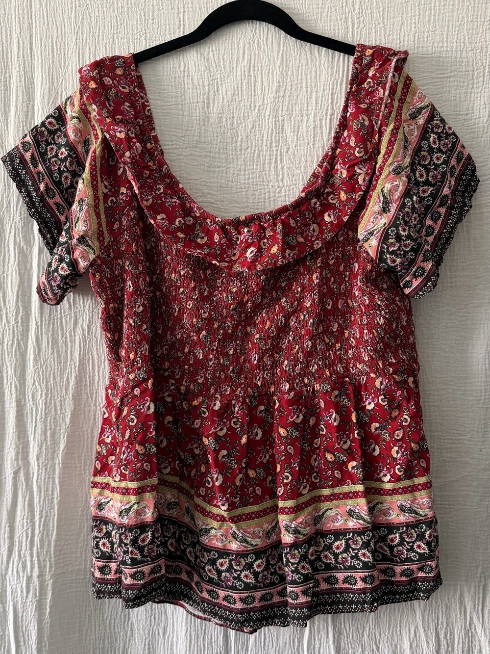Maurices Red Floral Smocked Peasant Top - Picture 3 of 4